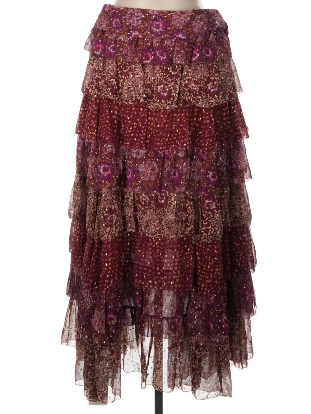 Ulla Johnson Silk Floral Tiered Ruffle Midi Skirt Burgundy Purple - Picture 3 of 6